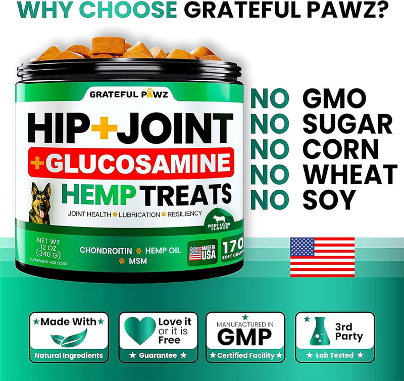 Grateful Pawz Hemp Hip and Joint Supplement for Dogs - Glucosamine for Dogs - 160 Joint Pain Relief Treats - Chondroitin, MSM - Advanced Health Supplement - Beef Liver Flavor - Made in USA 160 Chews