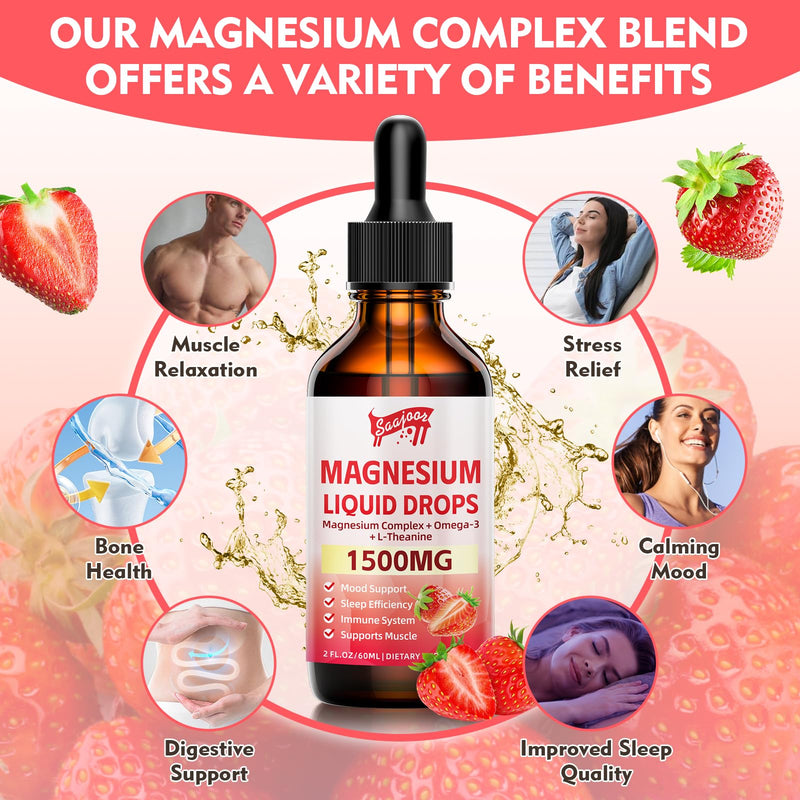 2 Pack Magnesium Glycinate Liquid Drops, 1500mg Magnesium Liquid Supplement with Vitamin B6, D3, L - Theanine, Omega3,Support Night, Muscle, Bone, Mood, Strawberry Flavor - 4 Fl Oz (120ml) Bottle 2pack