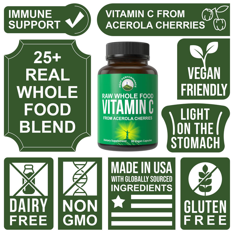 Peak Performance Raw Whole Food Vitamin C Capsules from Acerola Cherry | Natural Vegan USA Sourced Vitamin C Supplement for Max Absorption. 90 Pills. 500 mg Serving or 2 Servings for 1000mg