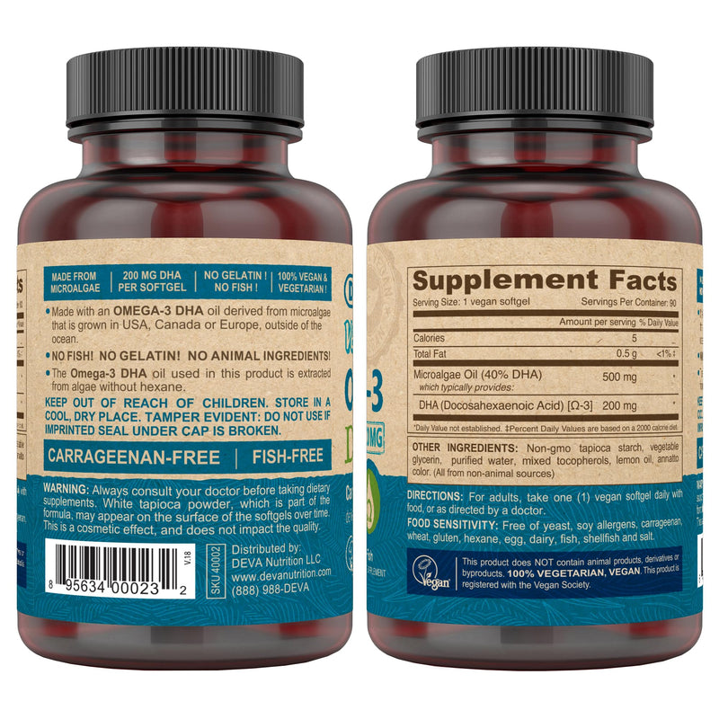 DEVA Vegan Omega-3 DHA Supplement, Once-Per-Day Softgel 200 MG, Carrageenan Free, Gelatin Free, Non-Fish, Algae Oil, Omega-3 Fatty Acids - 90 Softgels (Pack of 2)