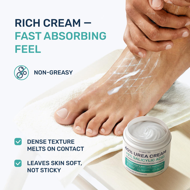 Urea Cream 40 Percent for Feet Maximum Strength, Callus Remover Foot Cream, Dry Cracked Heels Exfoliating Lotion with Salicylic Acid, Ceramides, Tea Tree Oil – Women and Men, 4.3 oz