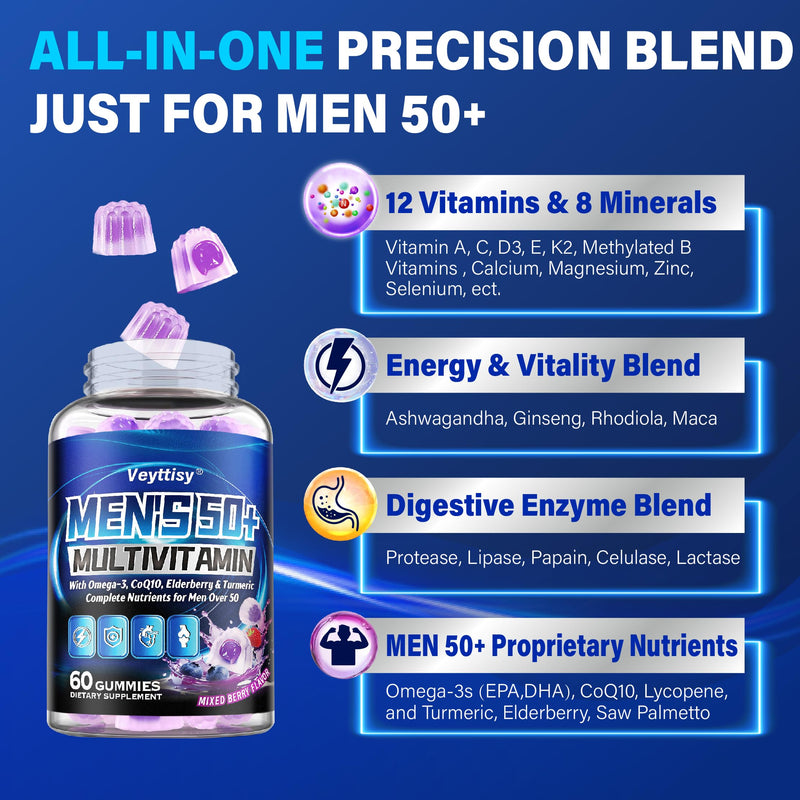 Sugar Free Multivitamin Gummies for Men 50 plus - Methylated Multivitamin | with Omega-3, CoQ10, Elderberry & Turmeric - Gentle on The Stomach, Vegan, Non-GMO, Gluten-Free, 120 Gummies Mixed Berries 60 Count (Pack of 2)