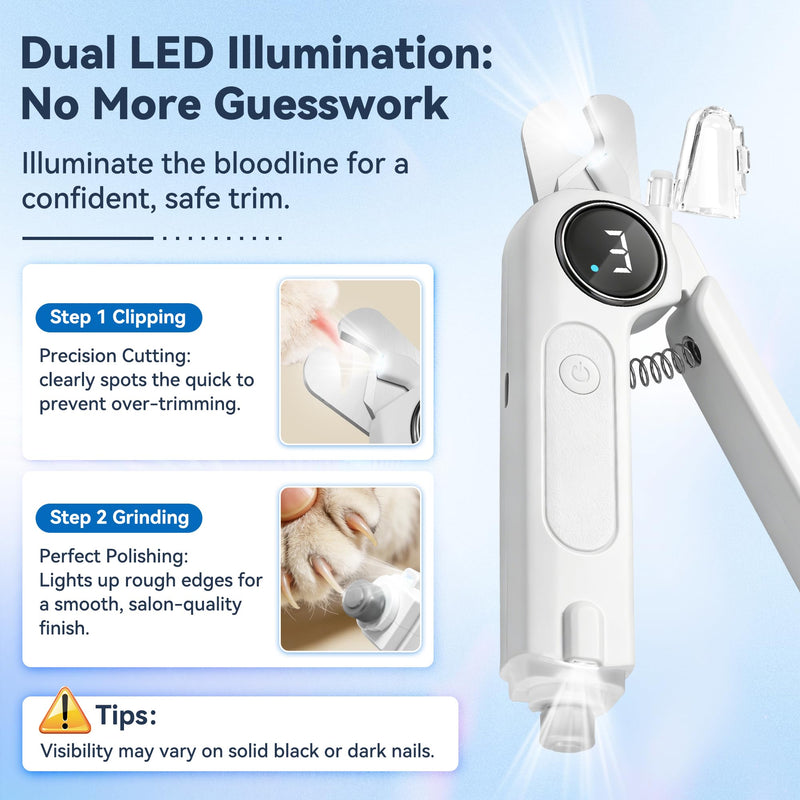 2-in-1 Dog Nail Clippers & Grinder with Light, Quiet Electric Pet Nail Trimmer for Large Medium Small Dogs & Cats, 3 Speeds, Rechargeable, Splash Guard & Safety Lock, Painless Grooming Tool (White) - BeesActive Australia