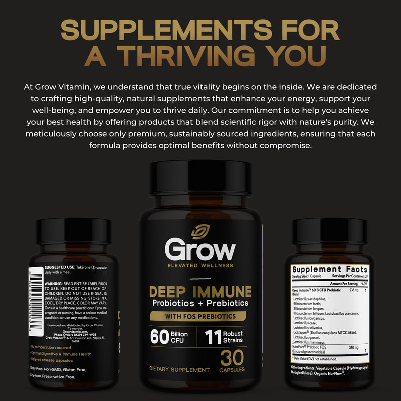 Grow Vitamin Deep Immune Probiotic and Prebiotic Supplement with 60 Billion CFUs for Digestive Health, Helps Ease Constipation, Diarrhea, Gas and Bloating - 30 Capsules