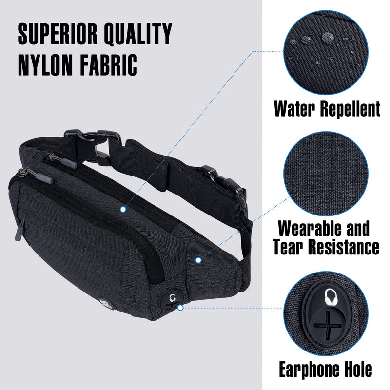 WATERFLY Fanny Pack Waist Bag: Small Hip Pouch Bum Bag Fannie Pack Phanny Fannypack Waistpack Bumbag Beltbag Sport Slim Fashionable for Jogging Hiking Hiker Woman Man Black