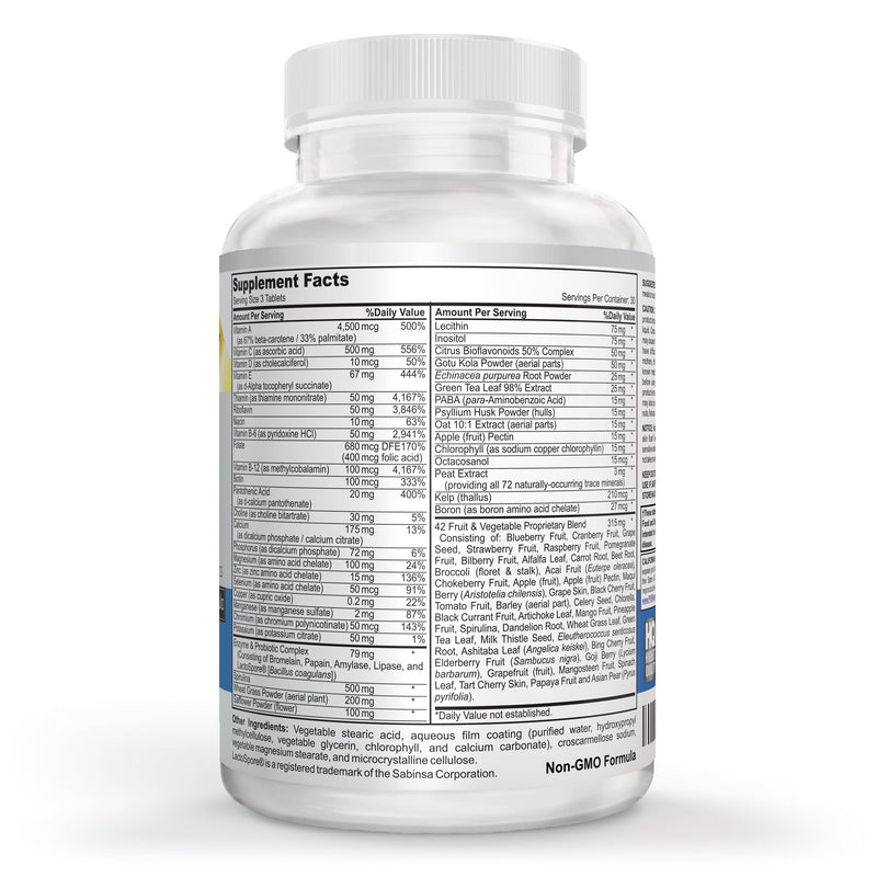 Vegan Whole Food Multivitamin & Mineral - Vitamins A B1 B2 B6 B12 C D3 E | 110 Super Foods, Herbs, Greens & Reds - Enzymes & Probiotics for Immune Support - Energy Boost - 90 Tablets