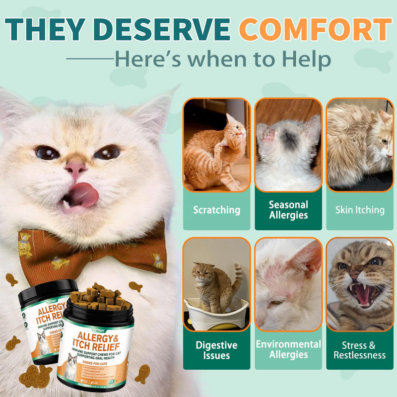 Cat Allergy Relief Chews,Itchy Skin,Paw Licking,Seasonal Allergies Relief, with Omega 3,Probiotics,Green Tea Extract,Boost Immunity,Skin Coat Health,Maintain Oral Health, Allergy Relief for Cat 200 pcs
