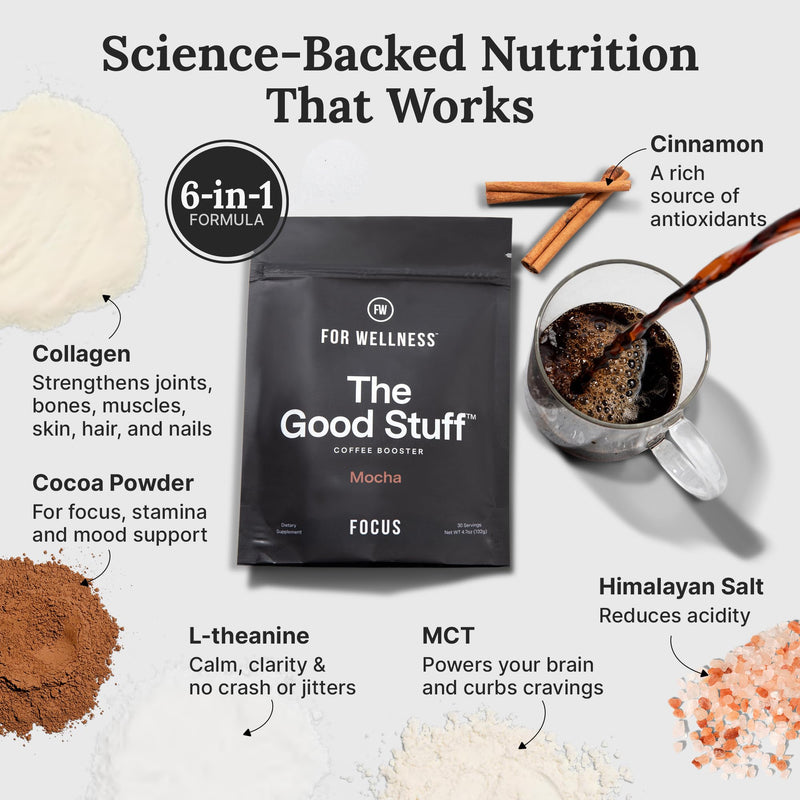 For Wellness The Good Stuff Focus ‚Äì Mocha Coffee Booster | Nootropic Collagen Creamer with MCTs for Focus, Energy & Wellness | Non-Dairy, Keto-Friendly, 30 Servings Focus Blend - 30 Serving Pouch - BeesActive Australia