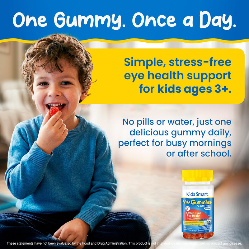 KIDS SMART Screen Time Eye Health Lutein Gummies, Vision Support, Kids 3+ | Lutein, Zeaxanthin + Vitamin A, Sugar-Free Vegan Gummies, Filters Blue Light from Screens, Supports Vision & Eyes, 30 Count