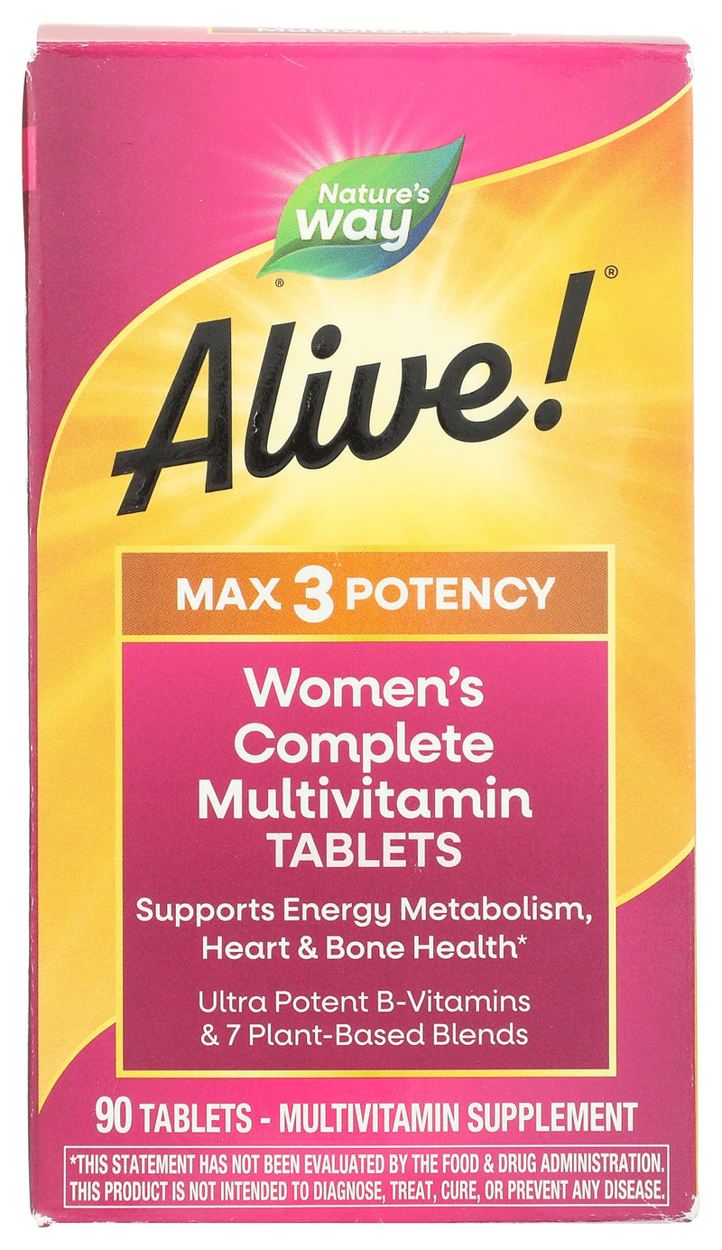 Nature's Way Alive! Max3 Potency Women's Complete Multivitamin, 90 ct | High-Potency Formula with Methylated B12, Folate, CranRx, Spirulina, Digestive Enzymes; Gluten-Free, No Artificial Colors