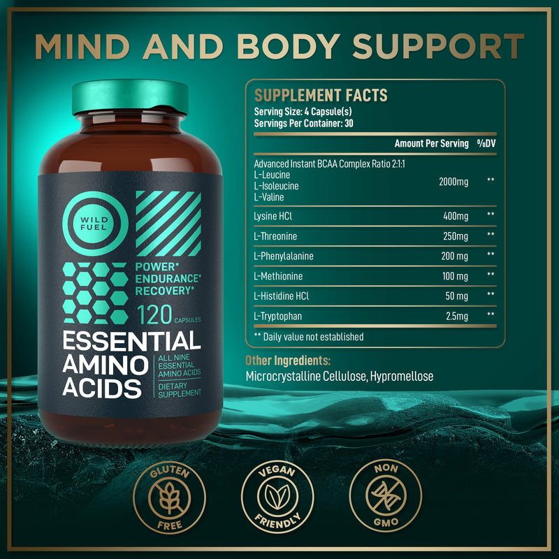 Essential Amino Acids Supplement - All 9 EAAs with BCAAs Amino Acids (Leucine, Lysine, Valine, Threonine) - 3,000mg Per Serving - Muscle Growth, Power, Recovery - 120 Vegan, Caffeine Free Capsules 1 pack - 120 servings
