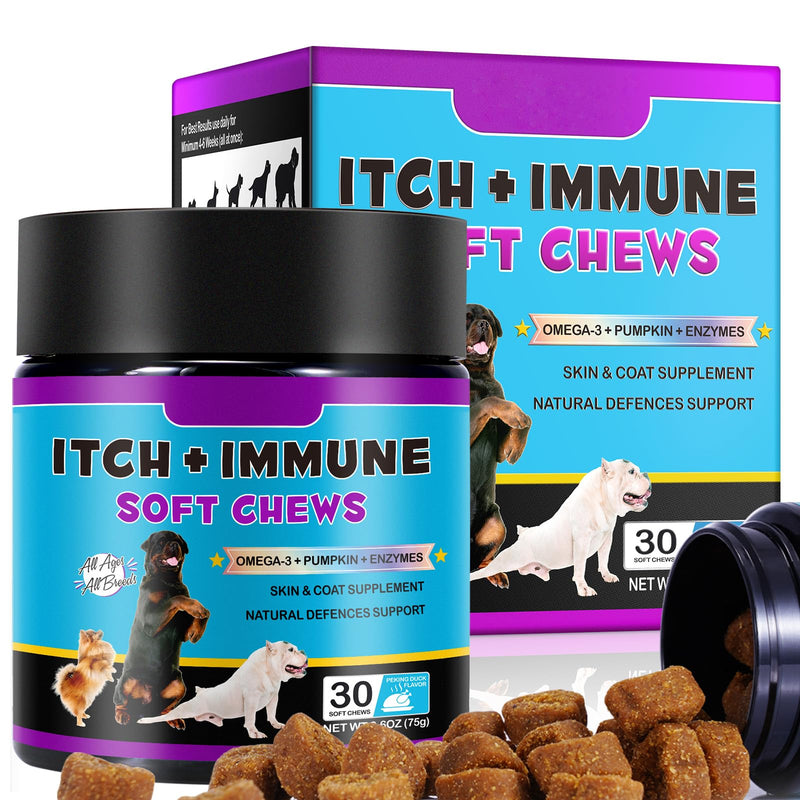 Itch & Immune Chews for Dogs (30 Chews) – Skin & Coat Support, Seasonal Comfort, Omega 3, Colostrum & Probiotics – Helps with Itchy Paws, Skin, Eyes & Ears –Peking Duck Flavour