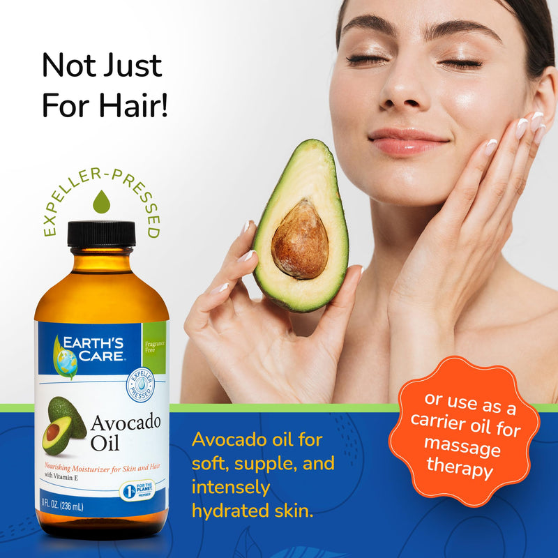 Earth’s Care Avocado Oil - Avocado Oil for Hair and Skin with Vitamin E, Glass Bottle, 8 FL. OZ. 8 Fl Oz (Pack of 1)