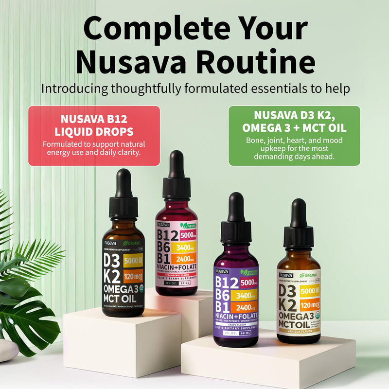 NUSAVA B12 Liquid Drops 5000mcg, Raspberry (Pack of 4) | Energy, Brain and Heart Support, Methylcobalamin B12 with B6, B1, Niacin and Folate, Sublingual Drops for Women and Men 2 Fl Oz (Pack of 4)