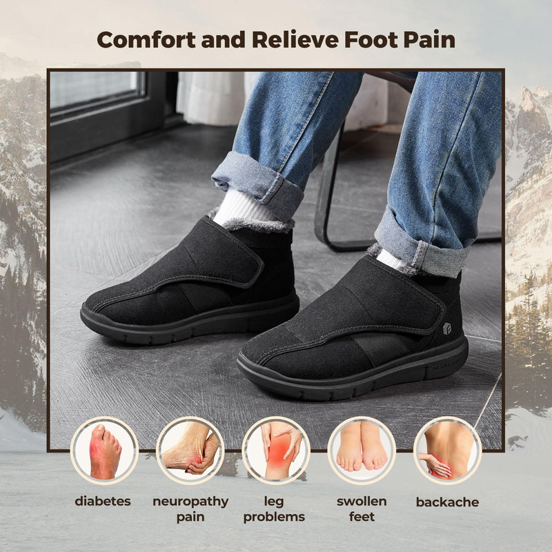 FitVille Diabetic Shoes for Men Extra Wide Width, Warm Slip-on Winter Slipper Boots with Adjustable Closures, Snow Boots for Swollen Feet, Neuropathy Black 14 X-Wide