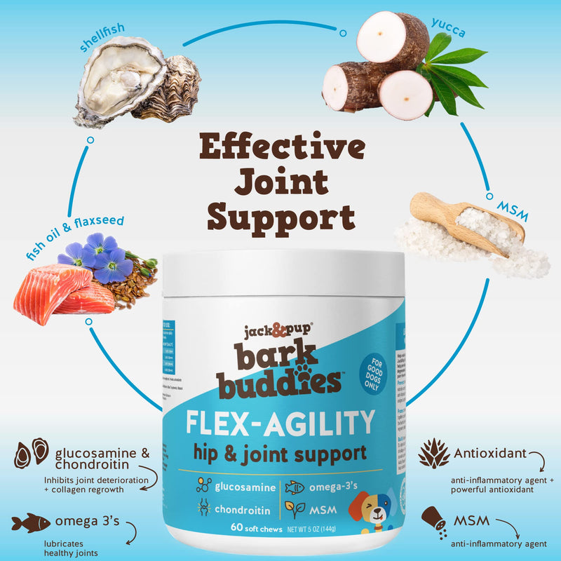 Jack&Pup Dog Joint Supplement Flex-Agility Bark Buddies | Glucosamine Chondroitin for Dogs | Hip and Joint Chews for Dogs (5oz, 60 Ct) - PawsPlanet Australia