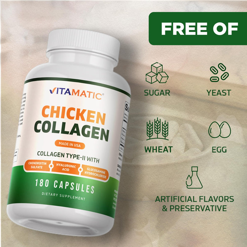 Vitamatic Chicken Collagen 3000 mg (Per Serving) with Glucosamine, Chondroitin & Hyaluronic Acid | 180 Capsules | Non-GMO | Gluten Free