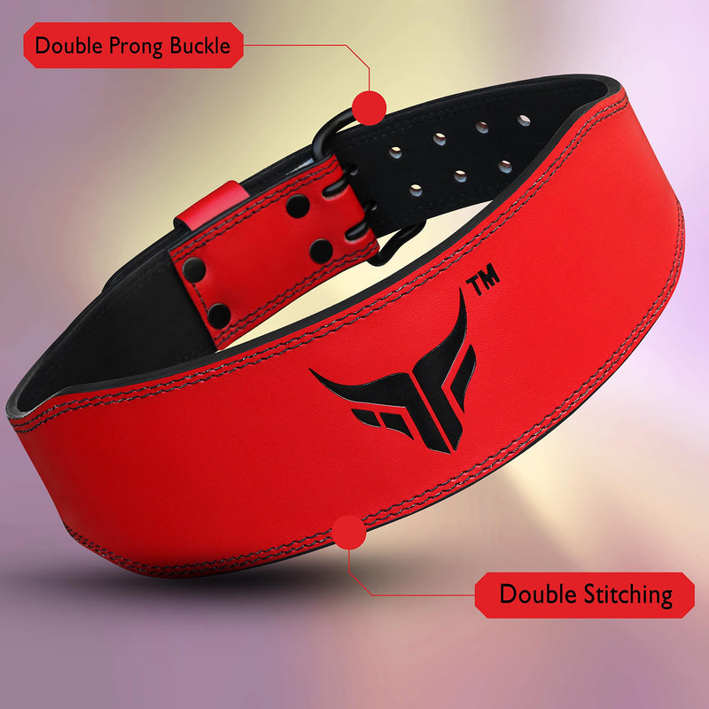 Mytra Fusion Weight Lifting Belt Double Prong Buckle Power Lifting Back Support Belt 100% Leather Gym Belts for Weightlifting Weight Lifting Belts for Men Women, Powerlifting, Strength Training Red S