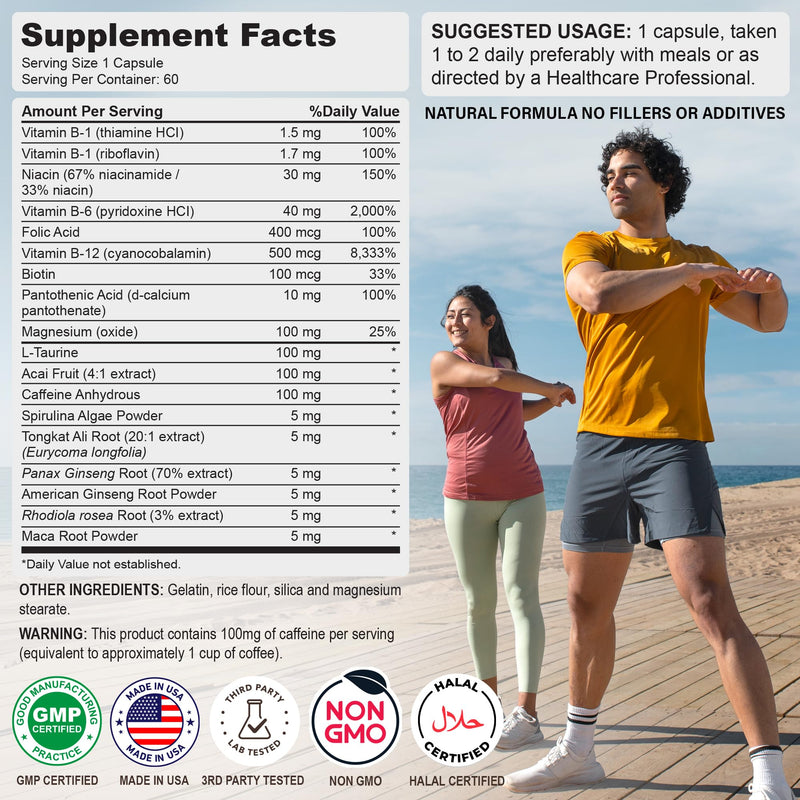 ViMulti X-Energy B Complex with Acai Dietary Supplement - 60 Capsules | For Your Energy Metabolism, Plant Based Formula, B-Complex Vitamins, Folate, Caffeine, Taurine, Magnesium, Ginseng, Rhodiola