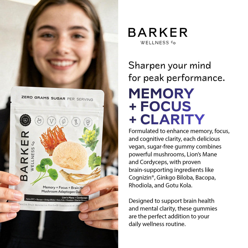 Barker Wellness Mushroom Gummies for Memory & Focus – Lion's Mane, 60ct Memory Focus Gummies