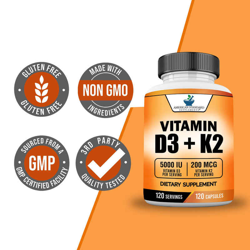 American Standard Supplements Vitamin D3 5000 IU (125mcg) Plus Vitamin K2 (MK7) 200mcg Per Capsule - Gluten Free, Non-GMO, 120 Capsules, 120 Servings, 120 Day Supply 1 Count (Pack of 120)