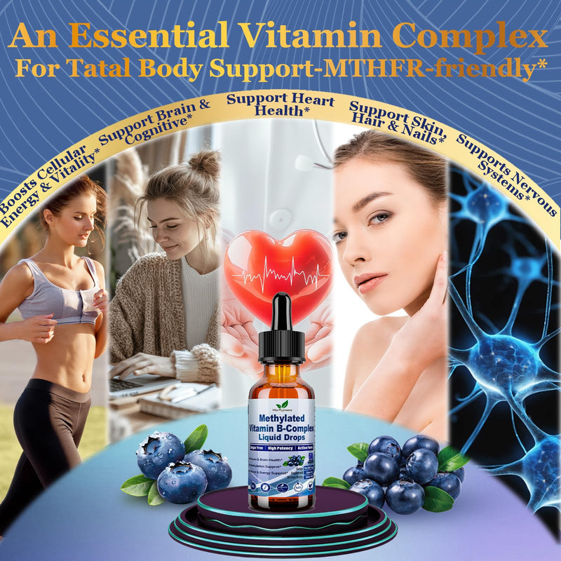 2 Pack Methylated B Complex Liquid Drops Complete 9-in-1 Methyl B Vitamins w. B12 Methylfolate Inositol Choline TMG Vitamin C E, Super B-Complex Methylated for MTHFR Support, Energy Mood Nerve Health1