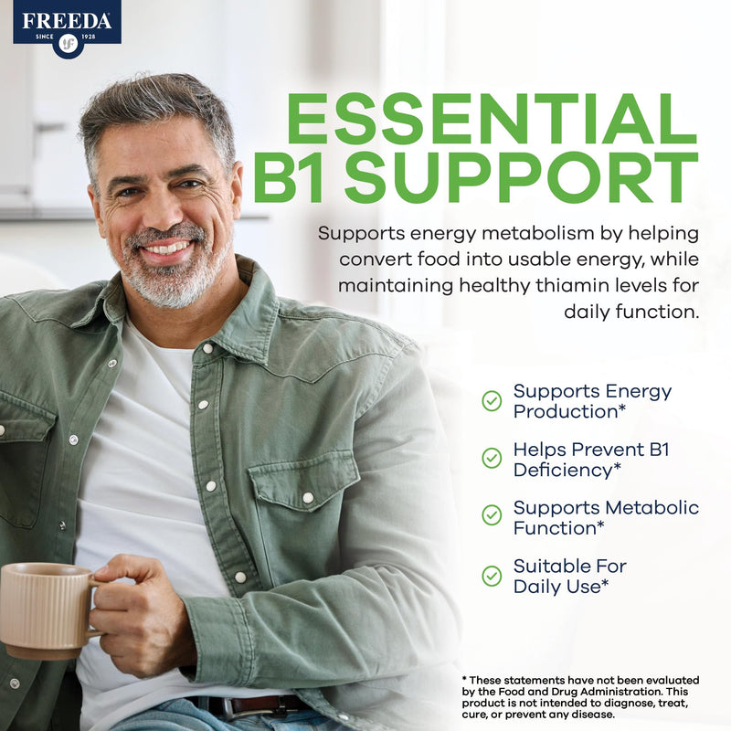 Freeda Vitamin B1 Thiamine 100mg - Supports Energy Metabolism, Nervous System Health - Kosher, Vegan, Gluten Free - Thiamin HCl 100 mg Vitamin B 1 - Pure Vit B1 Vitamin Thiamine B1 Supplement (100 Ct) | Energy Metabolism & Nervous System Health Support...