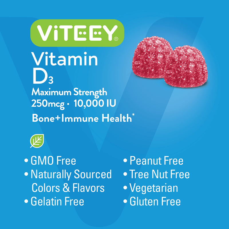 Viteey Vitamin D3 Gummies for Adults & Teens - 10,000 IU, 250mcg | Maximum Strength - Joint & Muscle Health, Immune Boost - Chewable Vitamin D Gummies - Vegetarian, Gelatin Free - 120 Count 60 Count (Pack of 2)