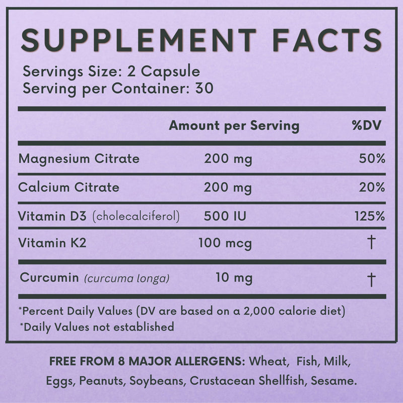 Bone and Heart Health Supplement | Magnesium Citrate, Calcium Citrate 200mg, Vitamin D3 500 IU, Vitamin K2, Curcumin | Bone Density, Calcium Absorption, Immune & Cardiovascular Support | 60 Capsules
