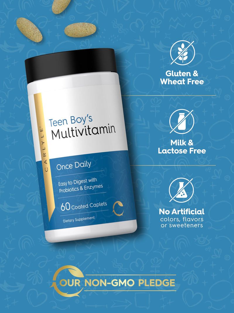 Carlyle Teen Multivitamin for Boys | 60 Caplets | Once Daily | Easy to Digest with Probiotics & Enzymes | with Iron | Non-GMO, Gluten Free