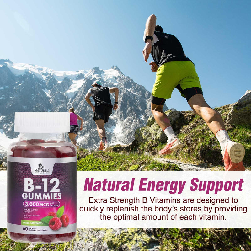 Vitamin B12 Energy Gummies - 3000 mcg per Serving Extra Strength B 12 Gummy for Metabolism, Immune Support - Chewable Dietary B-12 Supplements, Natural Caffeine Free Gummy, Berry Flavor - 60 Gummies 60 Count (Pack of 1)