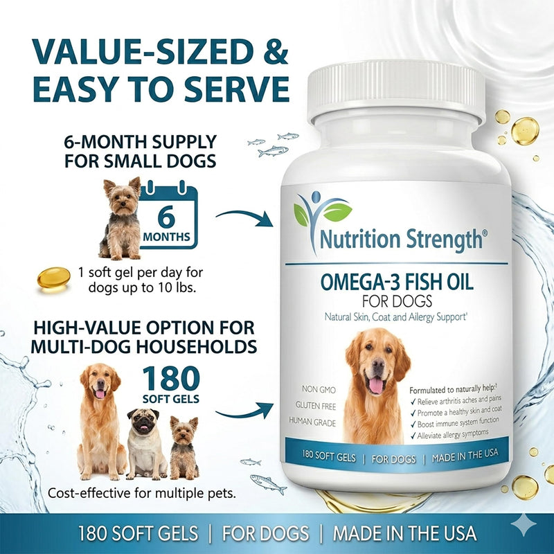 Omega 3 for Dogs - High EPA & DHA Fish Oil Soft Gels - Support for Itchy Skin, Seasonal Allergies, Shedding & Joint Health - Pure Wild Caught Source - 180 Count Value Size