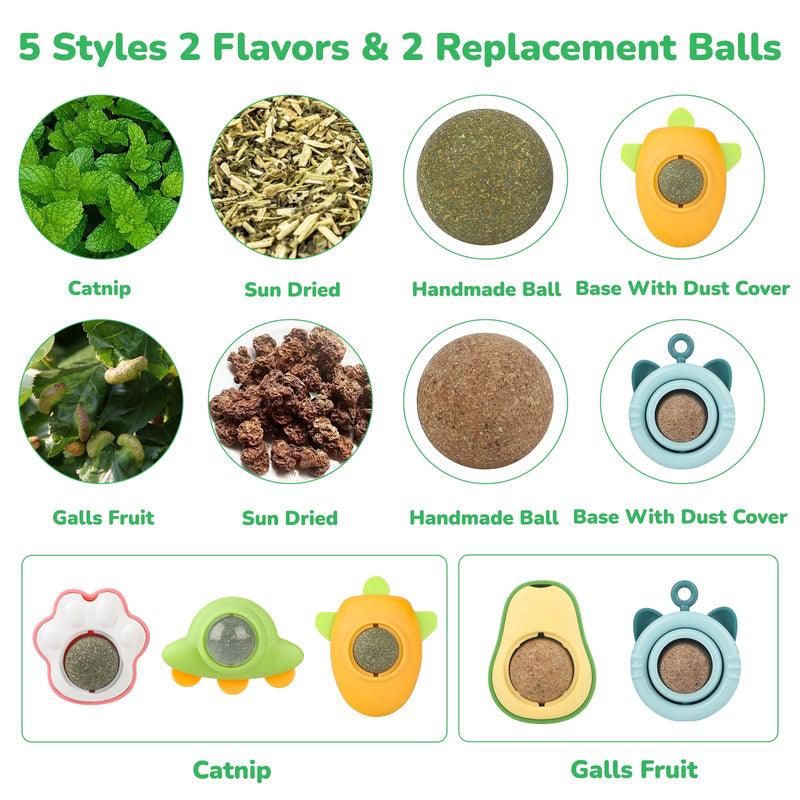 Cat Nip Ball Catnip Balls for Cat Nip Toys for Indoor Cats Catnip Balls That Stick On Wall 5 Piece(3 Catnip Balls, 2 Worm Gall Balls) with 2 Replacement Catnip Balls As Present - BeesActive Australia