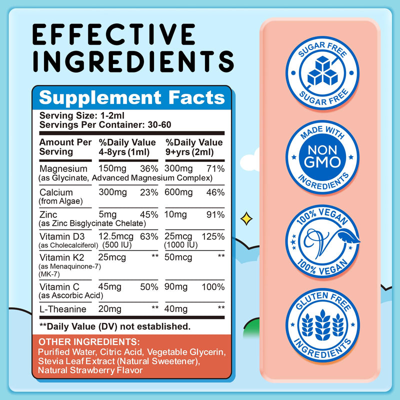 Magnesium for Kids, Kids Magnesium Glycinate Liquid Drops with Calcium, Zinc, L-Theanine, Vitamin D3 K2, C for Sleep, Relaxation, Calm, Focus, Brain,Mood, Bones & Muscles - Strawberry Flavor 2 Pack 2 Fl Oz (Pack of 2)