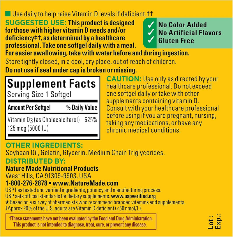 Nature Made Vitamin D3 5000 IU Liquid Softgels 90 ea (Pack of 2)