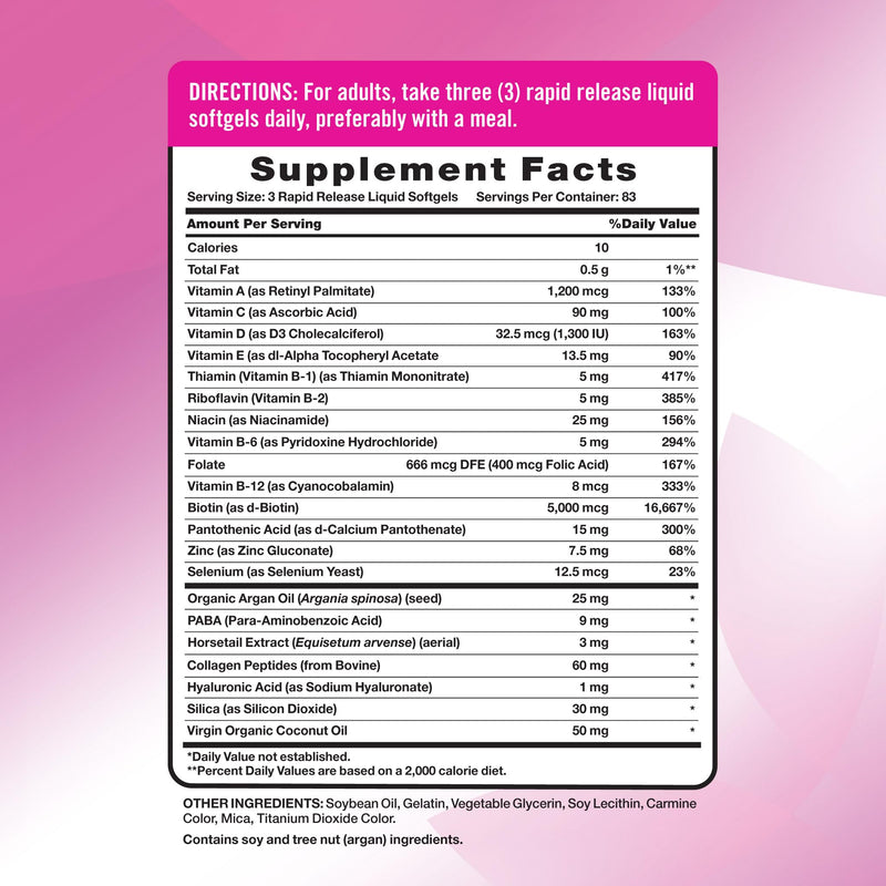 Nature's Truth Hair, Skin & Nails Vitamins | 5000mcg | 250 Softgels | Includes Collagen, Biotin and Coconut Oil | Non-GMO & Gluten Free Supplement for Women and Men