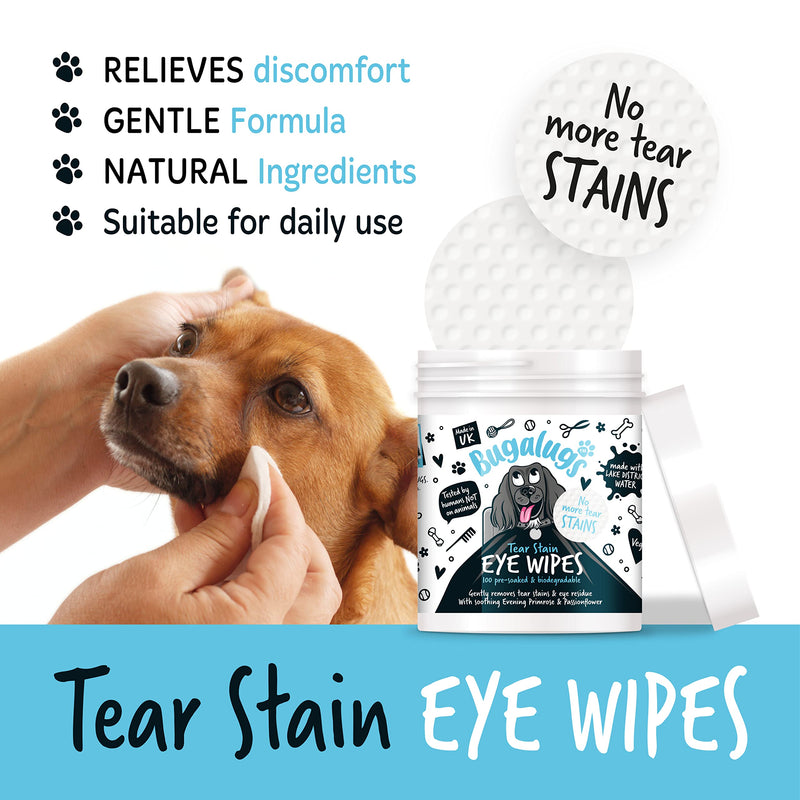 BUGALUGS Dog Eye Wipes 100 Biodegradable textured pre-soaked Dog Wipes. Safe & Easy Cleaning For Dogs - Pet Eye Wipes Remove Tear Stains, Dog Eye Crust & Eye Discharge