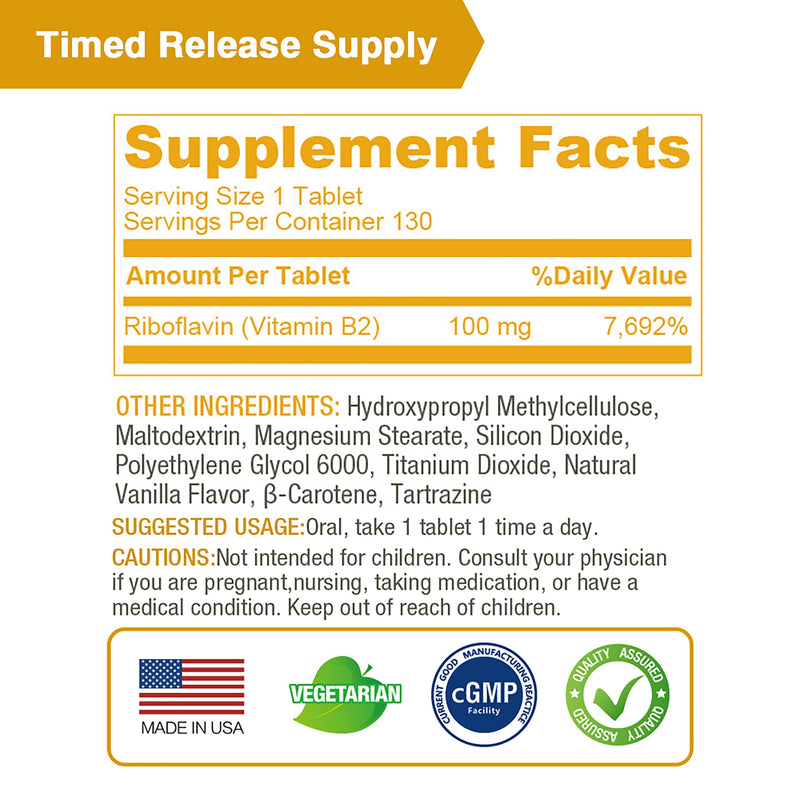 LOVITA Vitamin B2 (Riboflavin) 100mg, Timed Release, 8 Hours Sustained, Support Metabolism & Nerve Health, 130 Vegan Tablet