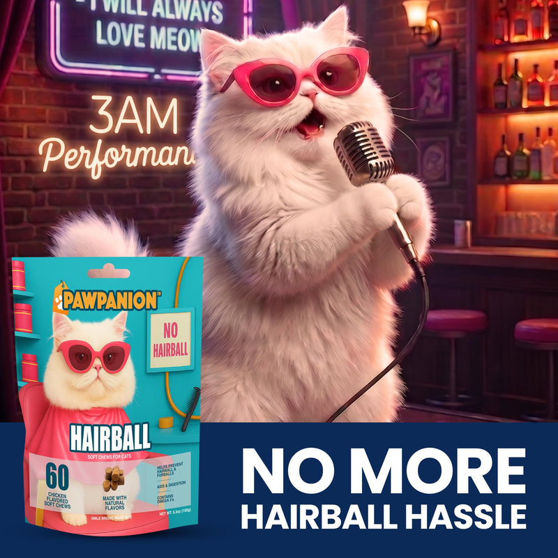 Hairball Soft Chews for Cats, Hairball Control & Digestive Support, Psyllium Fiber + Lecithin + Omega Fatty Acids, Skin & Coat Support, 60 Soft Chews Chicken Flavor