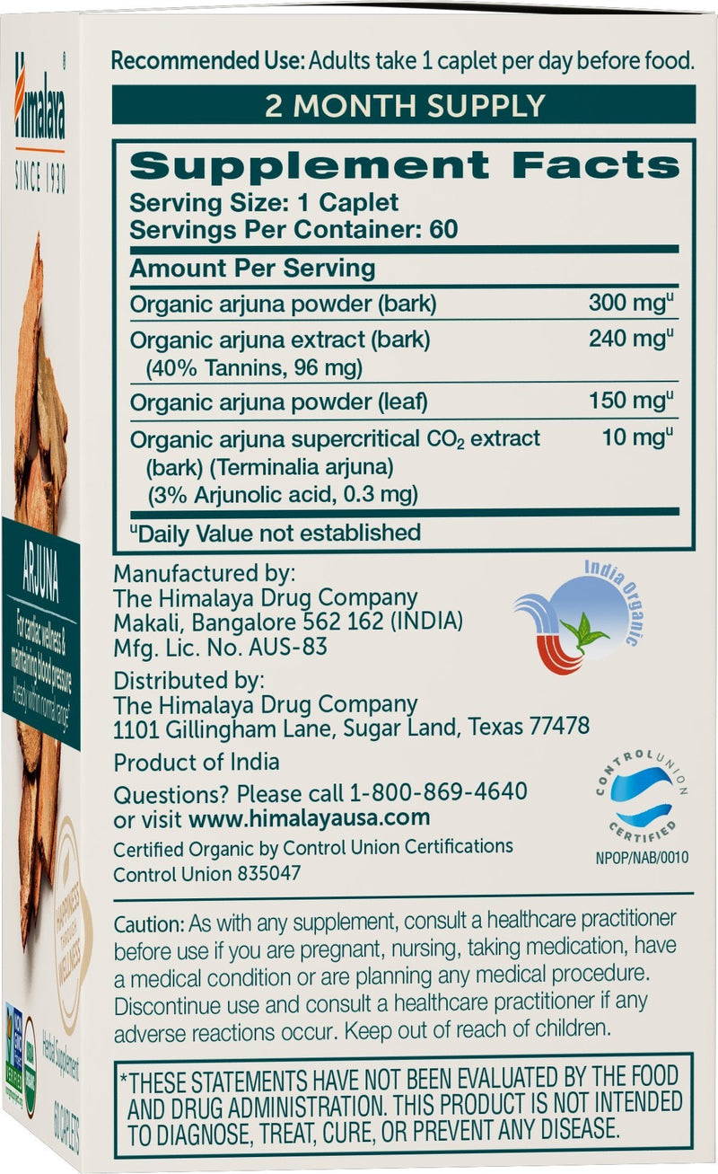 Himalaya Organic Arjuna, 60 Day Supply - Herbal Supplement Supporting Heart Health and Normal Blood Pressure - USDA Organic, Vegan, Non-GMO, Gluten Free, 700 mg, 60 Caplets 1 - BeesActive Australia