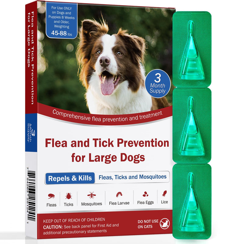 Flea and Tick Prevention for Dogs, Large Dog Flea, Tick & Mosquito Control, Repellent, 44-88lbs, 24-Hour Protect, 3-Month Supply, Flea Supplements for Dogs