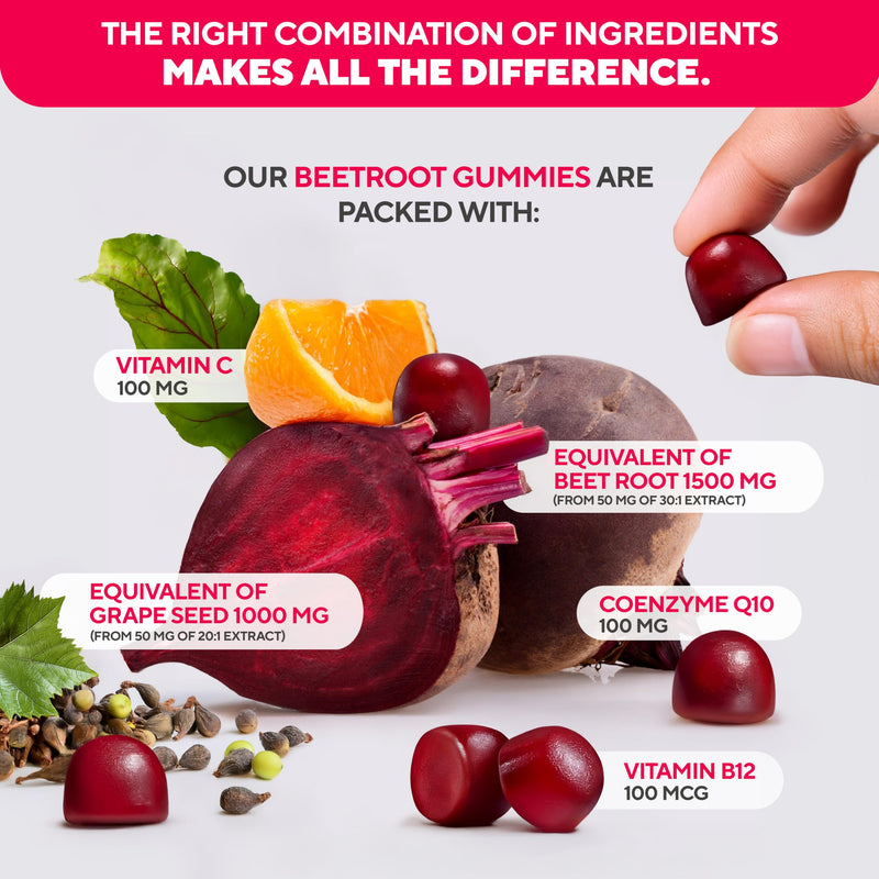 Beet Root Gummies ‚Äì Beet Gummies ‚Äì Red Beets Supplements with Beetroot, Grape Seed, Coq10, Vitamin C & B12 ‚Äì 60 Beet Chews