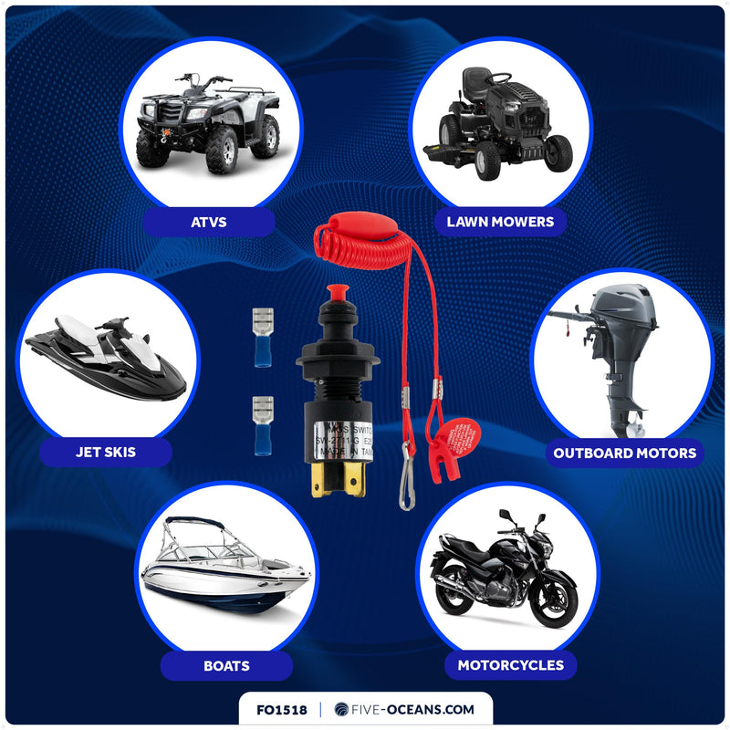 Five Oceans Marine Universal Emergency Cut-Off Switch, Kill Switch for Boat, Engine Shut-Off Switch 12VDC, Coil Extendable Lanyard, Snap Hook and Red Buoy, for Jet Ski, ATVs - FO1518
