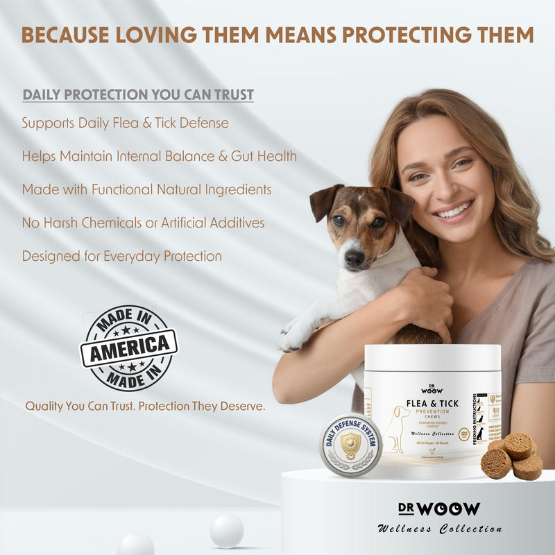 Dog Flea & Tick Prevention Chews – Daily Defense Supplement for Parasites, Gut & Immune Support – Natural Formula Soft Chews – Made in USA – Dr. Woow (120 Ct) Flea & Tick Relief