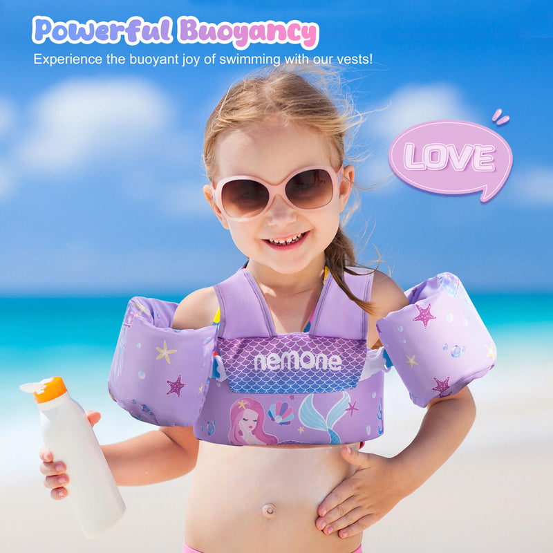 Nemone Toddler Swim Vest for 22-70 lbs Kids Floaties Swim Jacket with Arm Water Wings for Girls Boys 1 2 3 4 5 6 7 Years Old Beach Pool 20 30 40 50 60 66 Pounds Puddle Jumper A- Purple Mermaid Kids 22-70 lbs