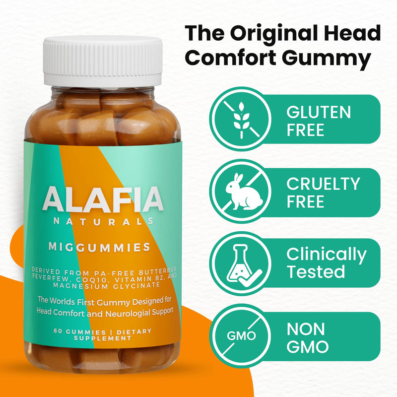 Alafia Naturals Miggummies - World's First Cranial Comfort and Support Gummy - Magnesium Glycinate, Butterbur, Feverfew, CoQ10, Vitamin B2 400mg Riboflavin 400mg 60ct