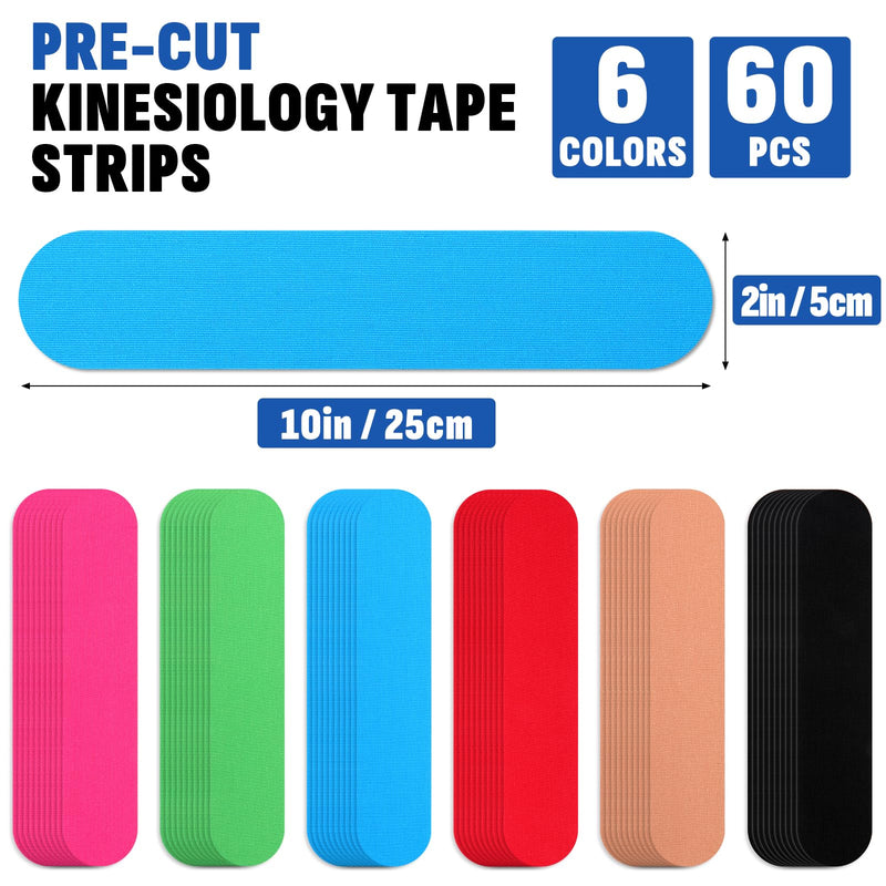 60PCS Precut Kinesiology Tape Strips, 6 Colors 2 inch x 10 inch Cotton Athletic Tape, Kinetic Tape, Elastic Muscle Tape, Sports Tape, Knee Tape for Exercise and Daily Use Skin Color, Light Blue, Green, Rose Red, Black, Red