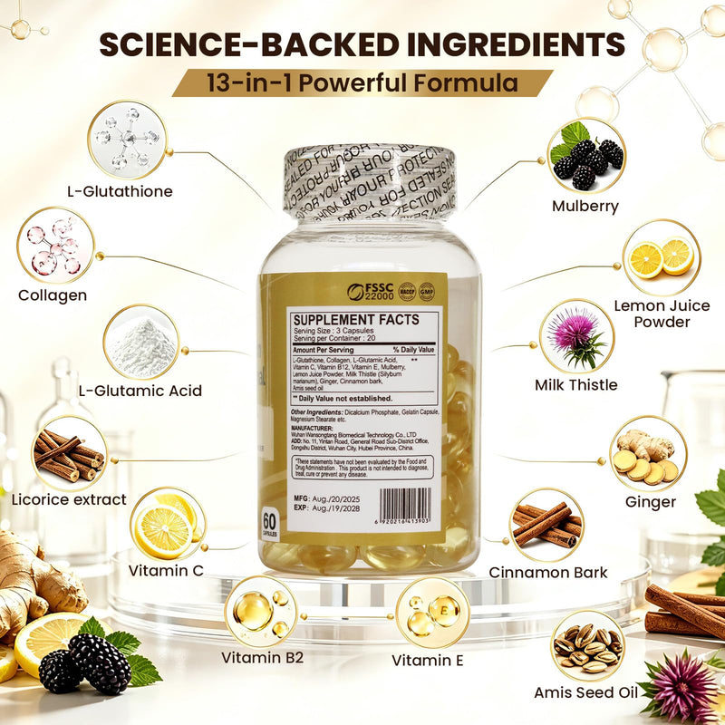 Whitening Skin 8000mg Glutathione Liposomal Softgels, 60 Ct | Ultra Antioxidant Supplements, Dark Spots Remover, Cell Renewal, Anti-Aging