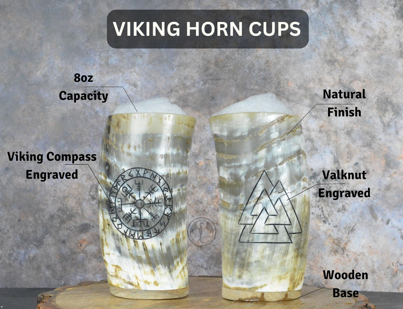 Viking Drinking Horn Cups Set of 2 with Bottle Opener | 8oz Handcrafted Natural Ox Horn Tumblers | Engraved Compass & Valknut | Food Safe | Viking Chirstmas Gifts for Men&Women - BeesActive Australia