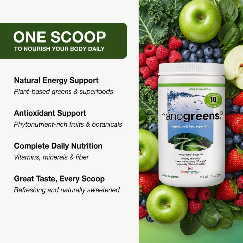 Biopharma Scientific NanoGreens Superfood Greens Powder (Strawberry) | Supports Immunity & Digestion, 55 Organic Ingredients, Spirulina & Chlorella, Third-Party Tested, Plant-Based, 30 Servings Strawberry
